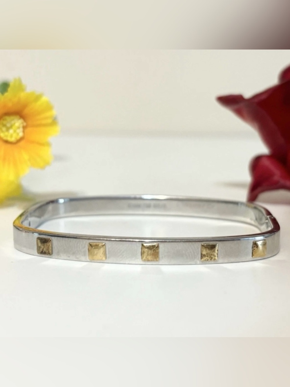 Vintage Italian Steel & 18k Gold/Silver Two-Tone Studded Hinged Square Bracelet